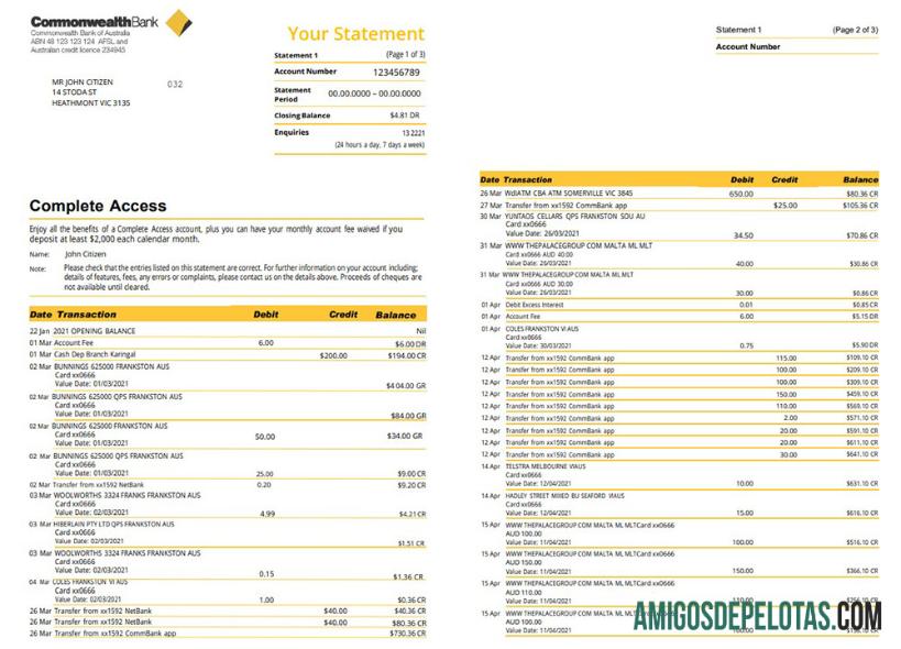 Modelo de extrato bancário da Commonwealth da Austrália em branco em formato Word e PDF (3 páginas), versão 2